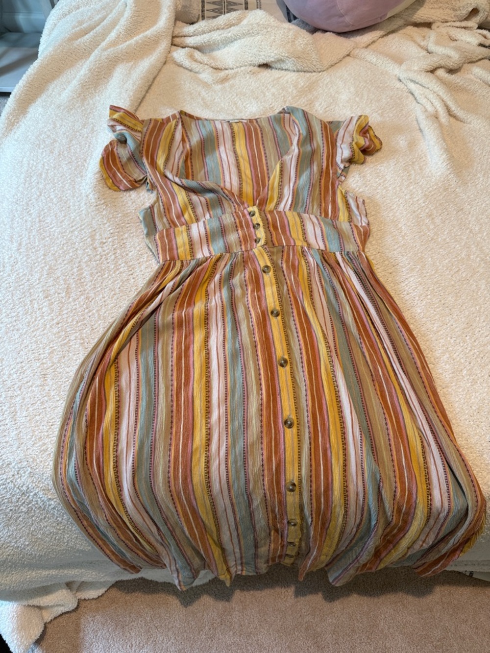 O'Neill Striped Midi Dress in Mustard, Rust & Sage